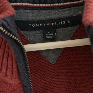 VINTAGE TOMMY HILFIGER zip up mock neck knit wool sweater blue red stripes
